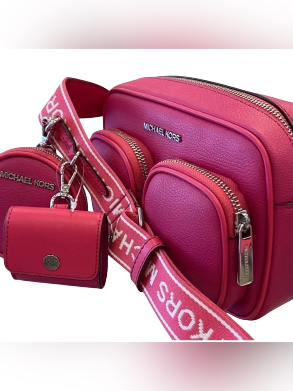 Michael Kors Hot Pink Pebbled Leather Crossbody Camera Bag with Logo Strap